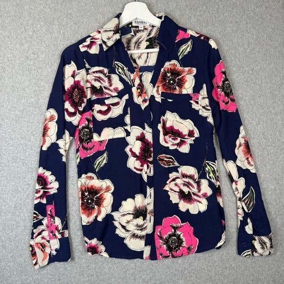 Express Womens XS Portofino Button Front Shirt Blouse Navy Blue Floral Print - Picture 1 of 7